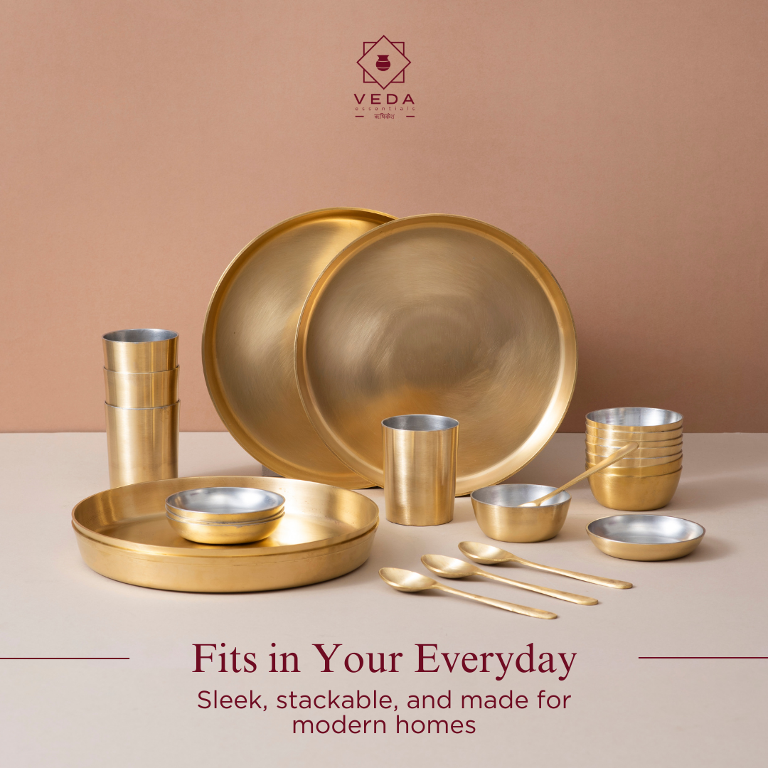 36-Piece Brass Solid Dinner Set • Matte Finish • Serves 6 (पीतल का डिनर सेट)