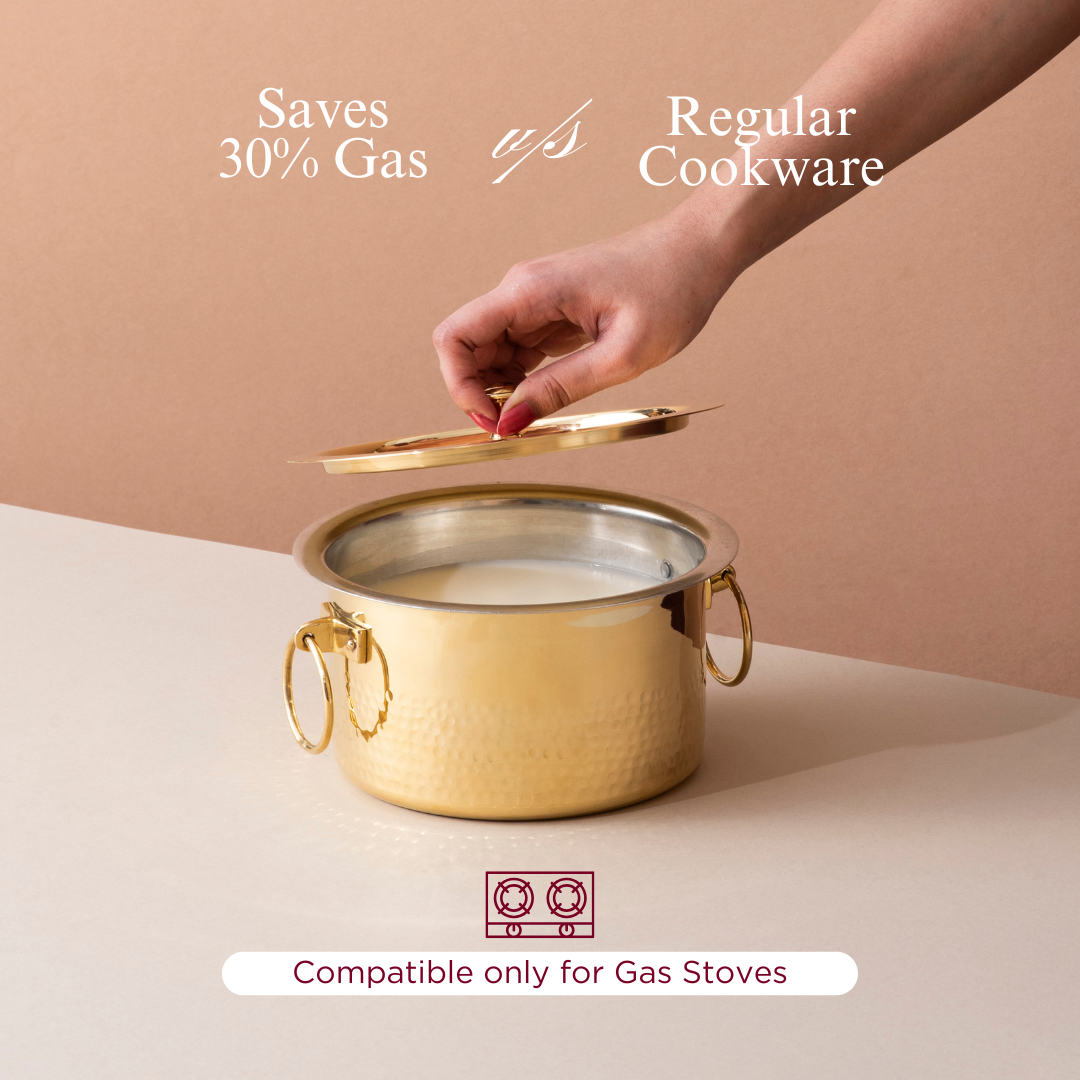 Handcrafted Brass Patila with Tin Coating 1L • Hammered Finish, Durable & Gas Compatible (पीतल का पतीला - कलई के साथ)