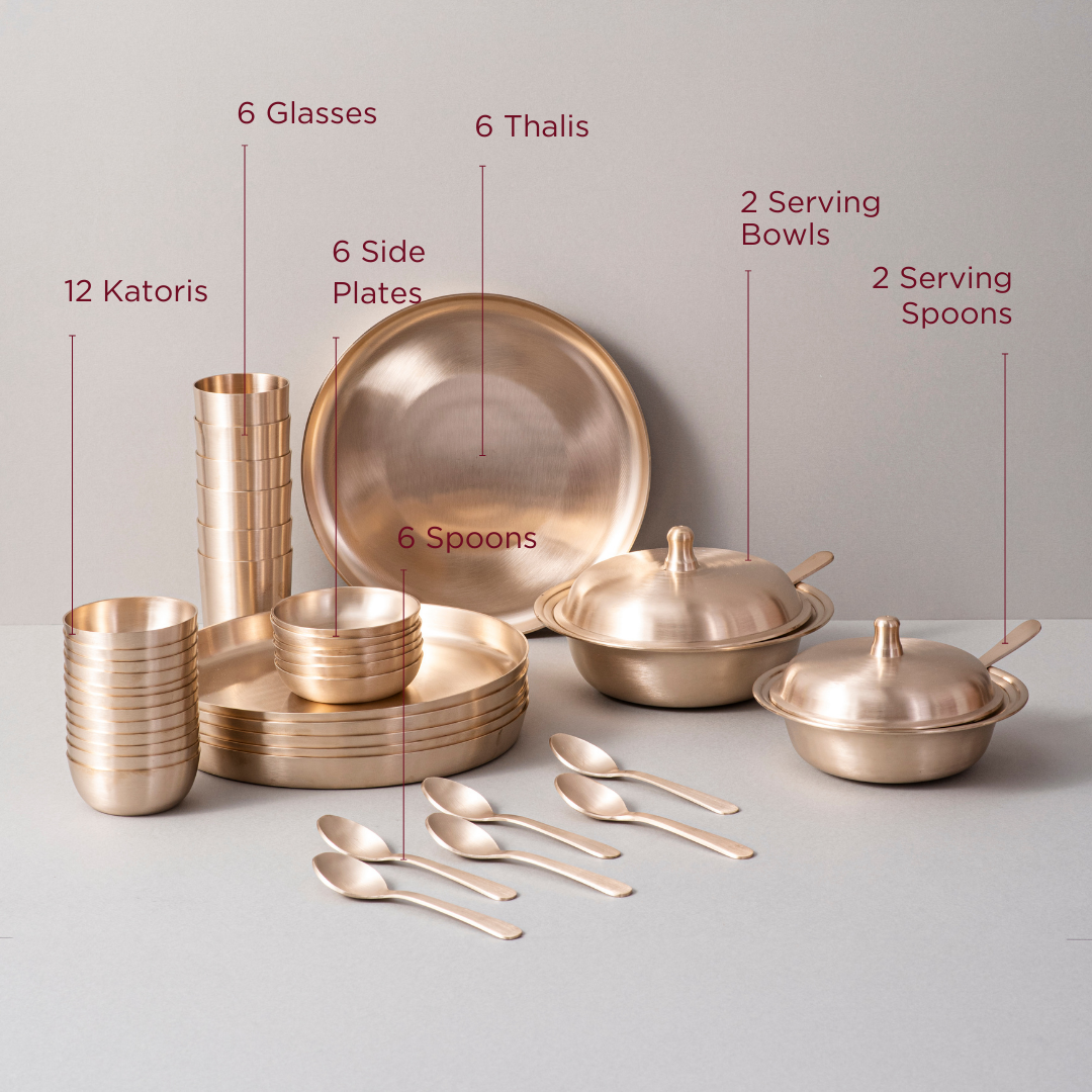 40-Piece Kansa Dinner Set • Antique Matte Finish • Serves 6 • 100% Lead Free (कांसे का डिनर सेट)