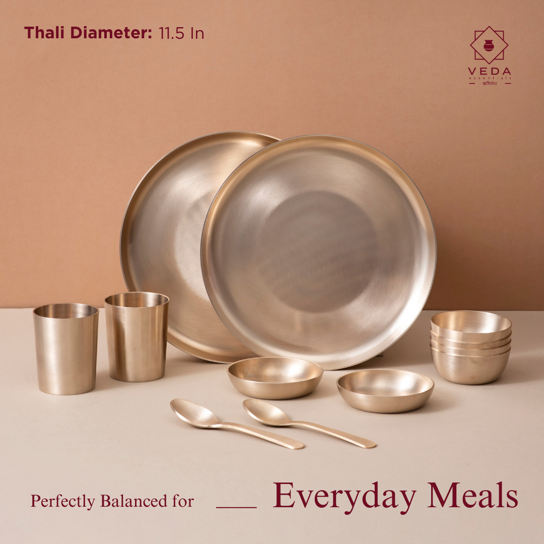 36-Piece Kansa Dinner Set • Serves 6 • 11.5″ Thali • Antique Matte Finish • 100% Lead Free (कांसे का डिनर सेट)