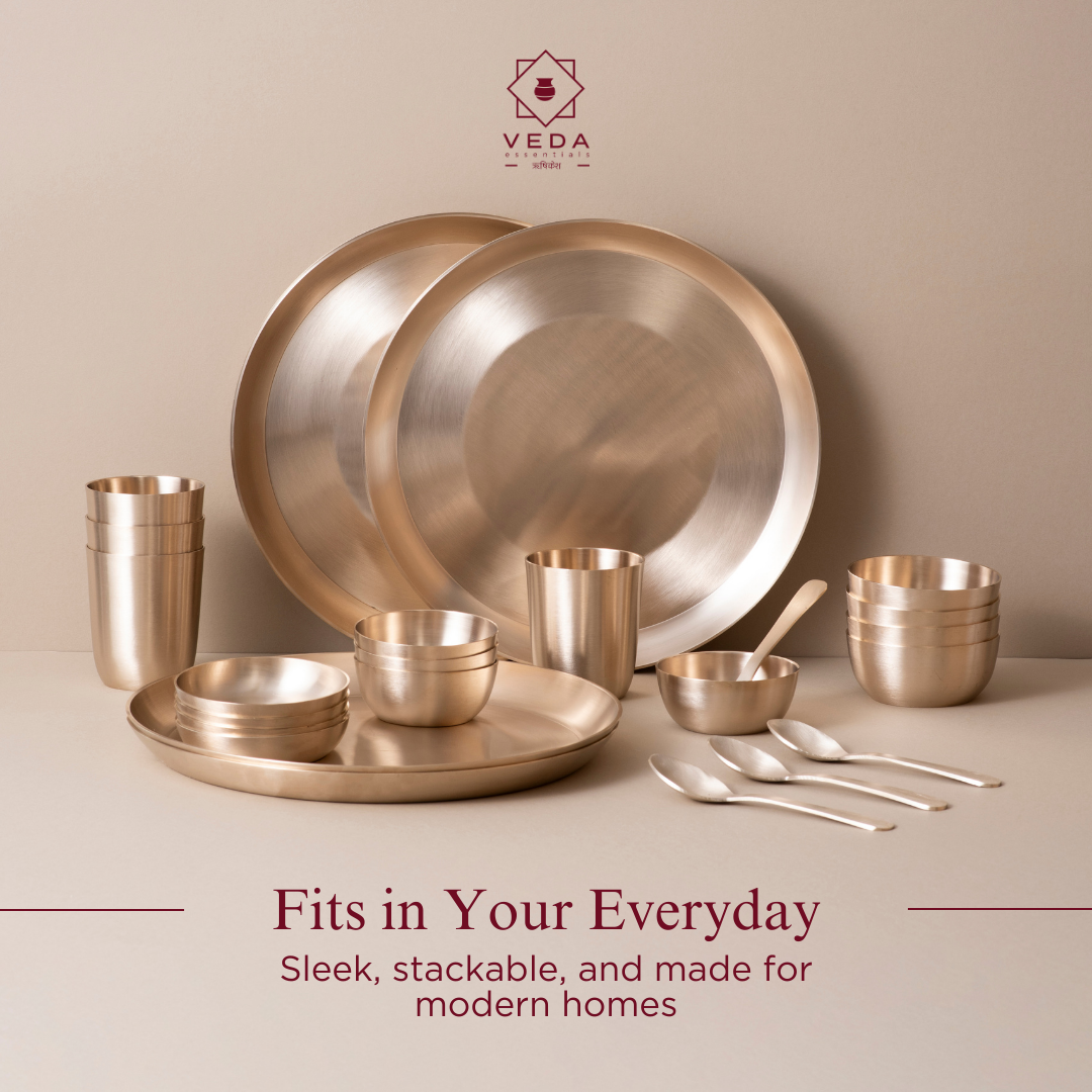 36-Piece Kansa Dinner Set • Serves 6 • 11.5″ Thali • Antique Matte Finish • 100% Lead Free (कांसे का डिनर सेट)