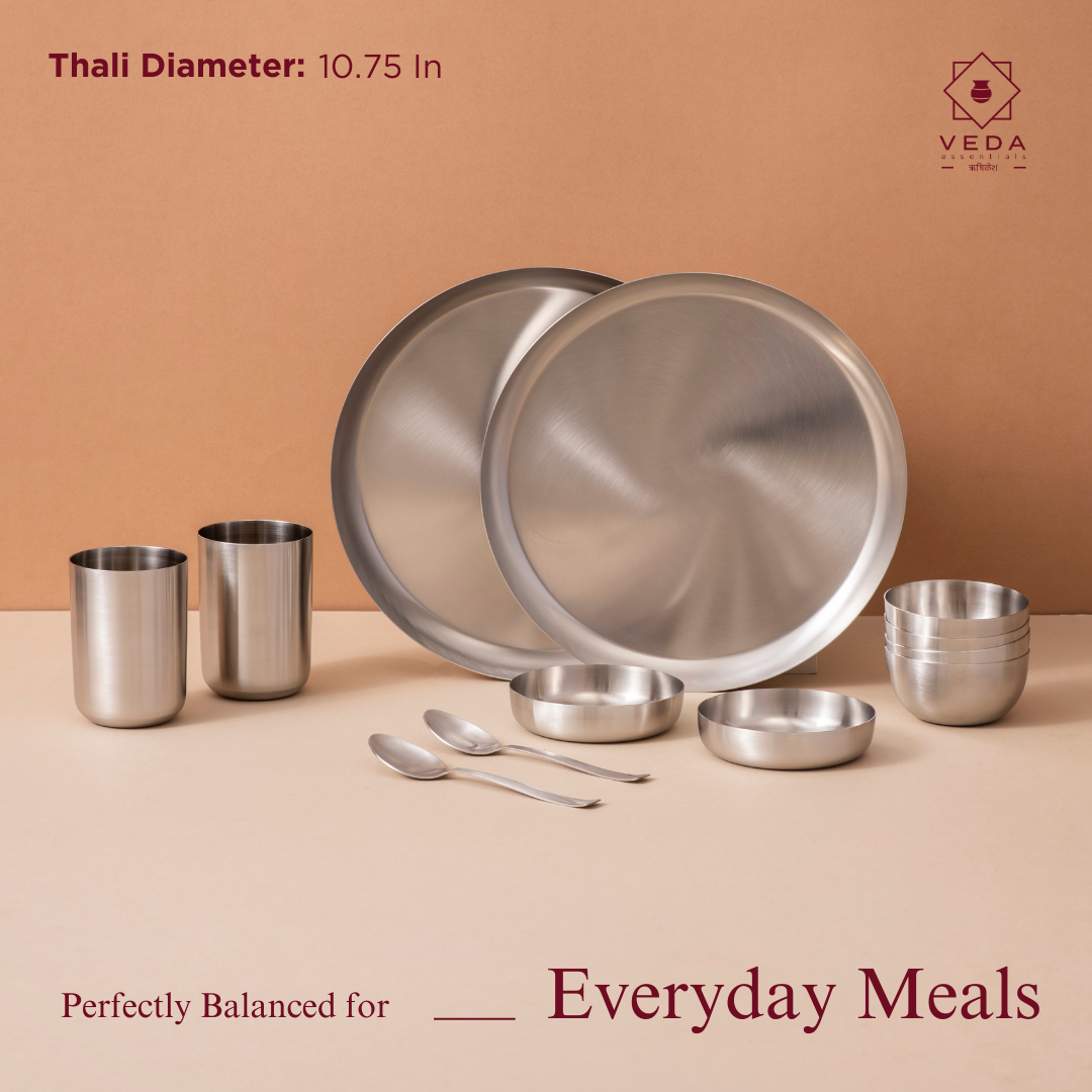 36-Piece Stainless Steel Solid Dinner Set • Matte Finish • Serves 6 (स्टील का डिनर सेट)