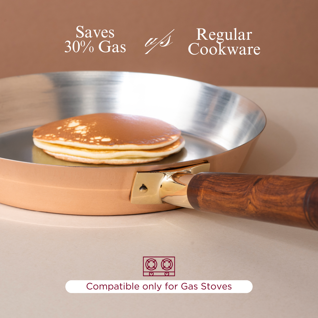 Traditional Copper Fry Pan with Tin Coating and Insulated Handle (तांबा का फ्राई पैन)