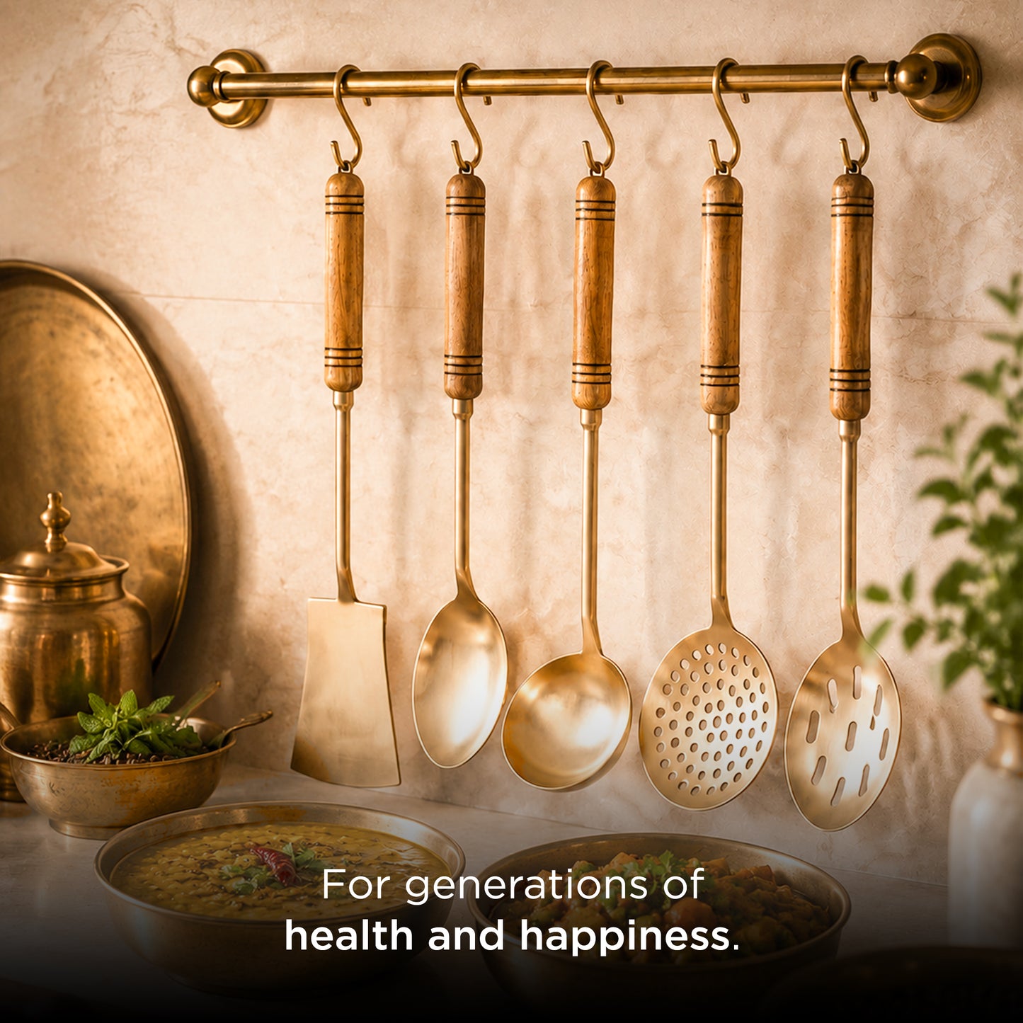 5-Piece Handcrafted Pure Brass Ladle Set • Durable & Heat-Resistant Wooden Handles (पीतल के करछुल सेट)