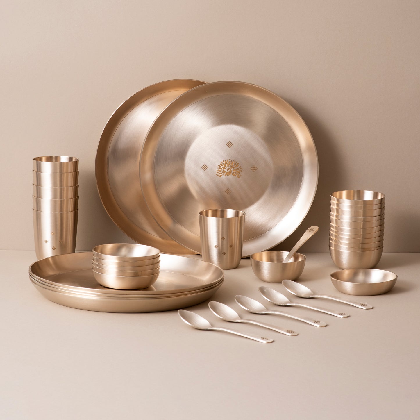 Peacock Motif • Pure & Authentic Kansa Dinner Set • Matte Finish • 100% Lead Free (कांसे का डिनर सेट)