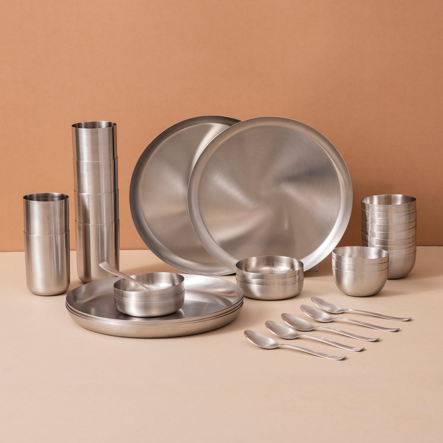 36-Piece Stainless Steel Solid Dinner Set • Matte Finish • Serves 6 (स्टील का डिनर सेट)