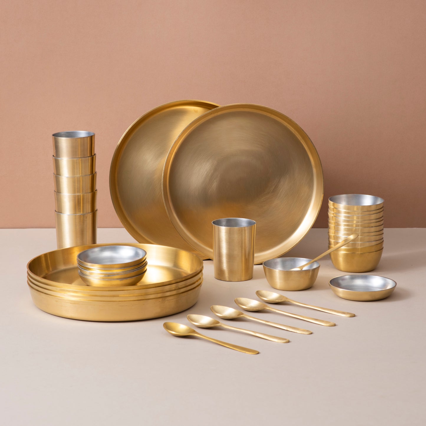 36-Piece Brass Solid Dinner Set • Matte Finish • Serves 6 (पीतल का डिनर सेट)