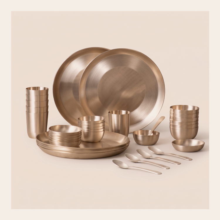 Kansa Dinner Set • 5 Designs • Serves 1 or 6 • Matte Finish • Thali Size - 11.5" • 100% Lead Free (कांसे का डिनर सेट)