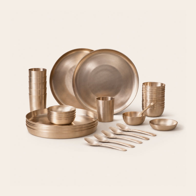 36-Piece Kansa Dinner Set • Serves 6 • 10.5" thali • Antique Matte Finish • 100% Lead Free (कांसे का डिनर सेट) | Total Weight: ~9 kg
