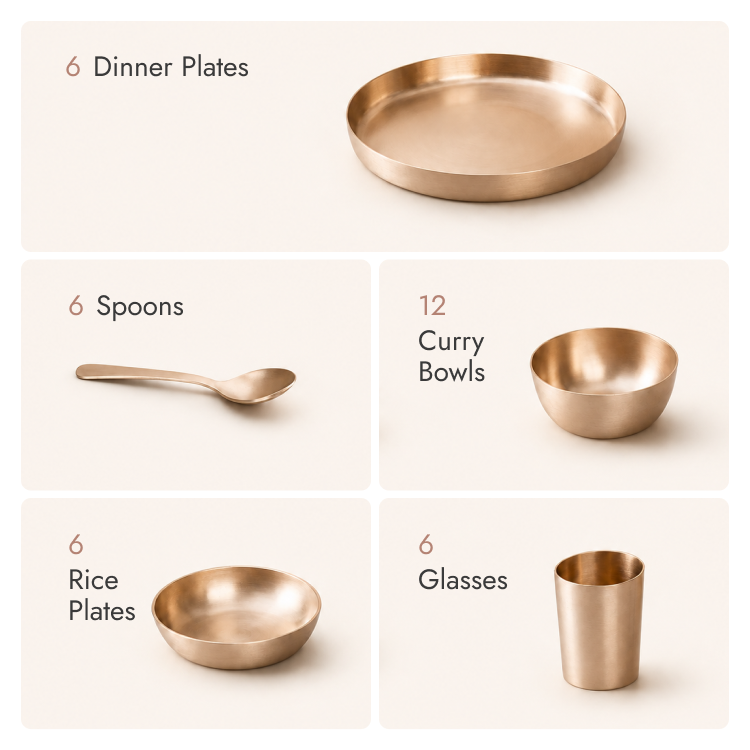 Kansa Dinner Set • 5 Designs • Serves 1 or 6 • Matte Finish • Thali Size - 11.5" • 100% Lead Free (कांसे का डिनर सेट)