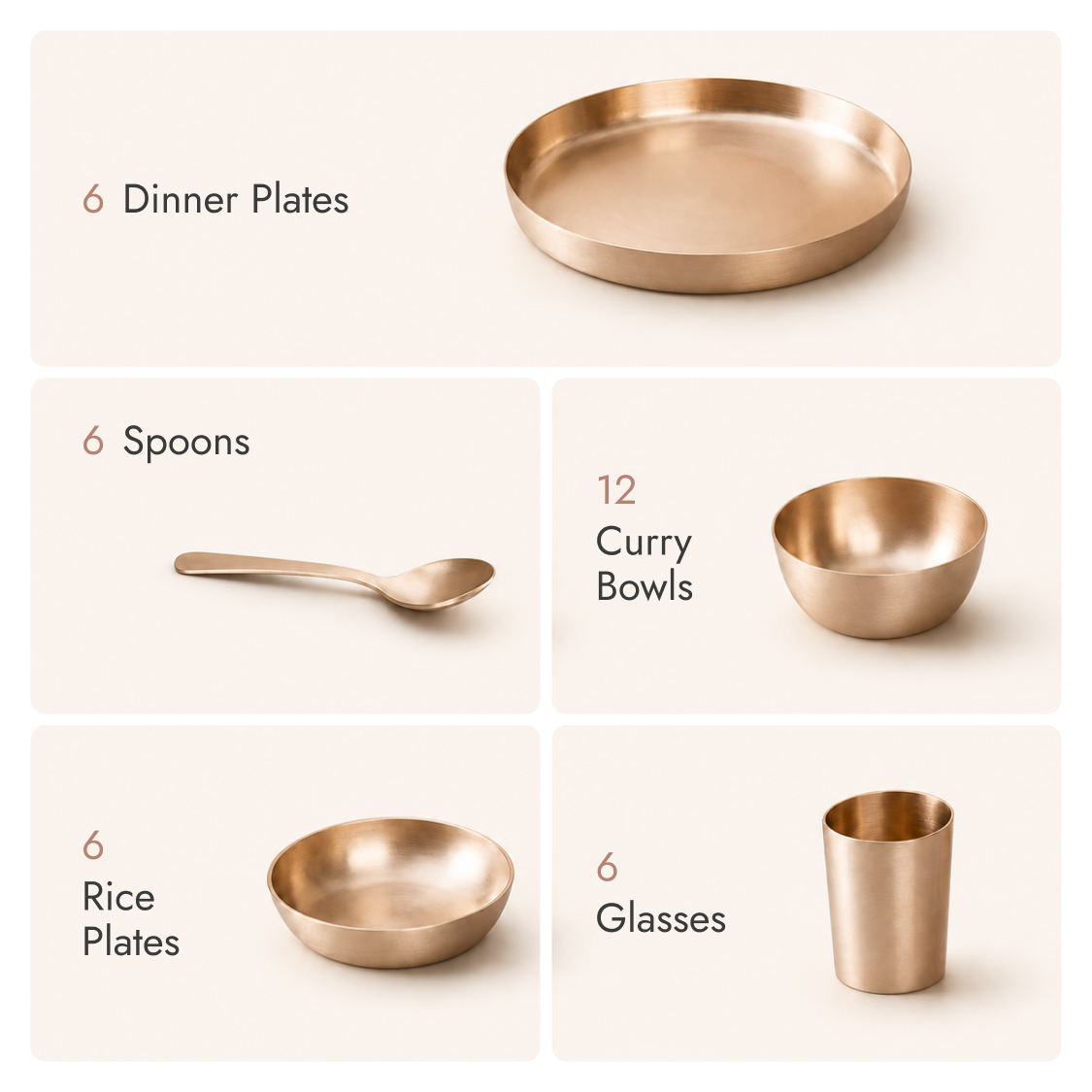 Kansa Dinner Set • Plain Matte or Gloss • Serves 1 or 6 • Thali Size - 10.5" • 100% Lead Free (कांसे का डिनर सेट)