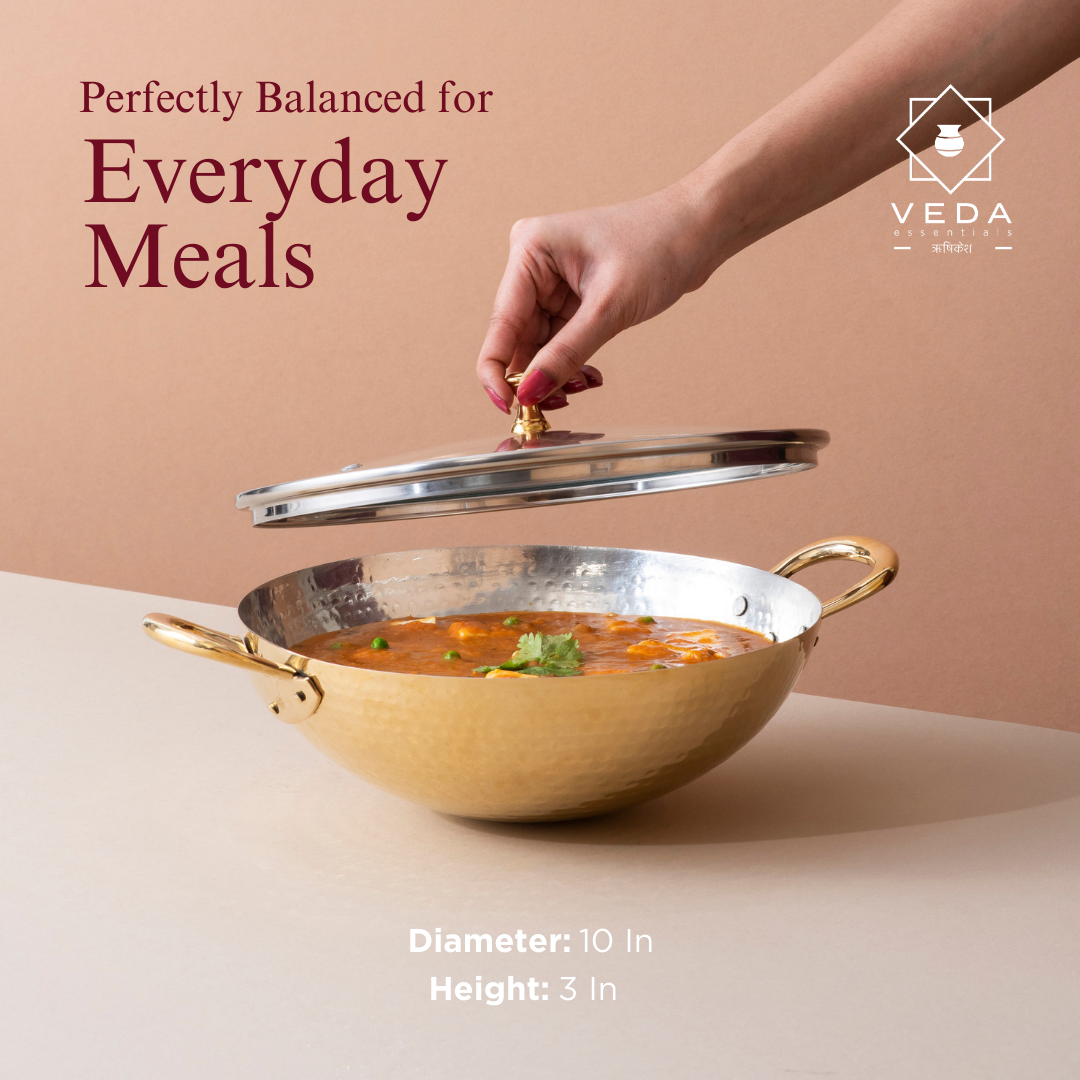 Traditional Brass Kadhai with Tin Coating and Glass Lid (Round Base)