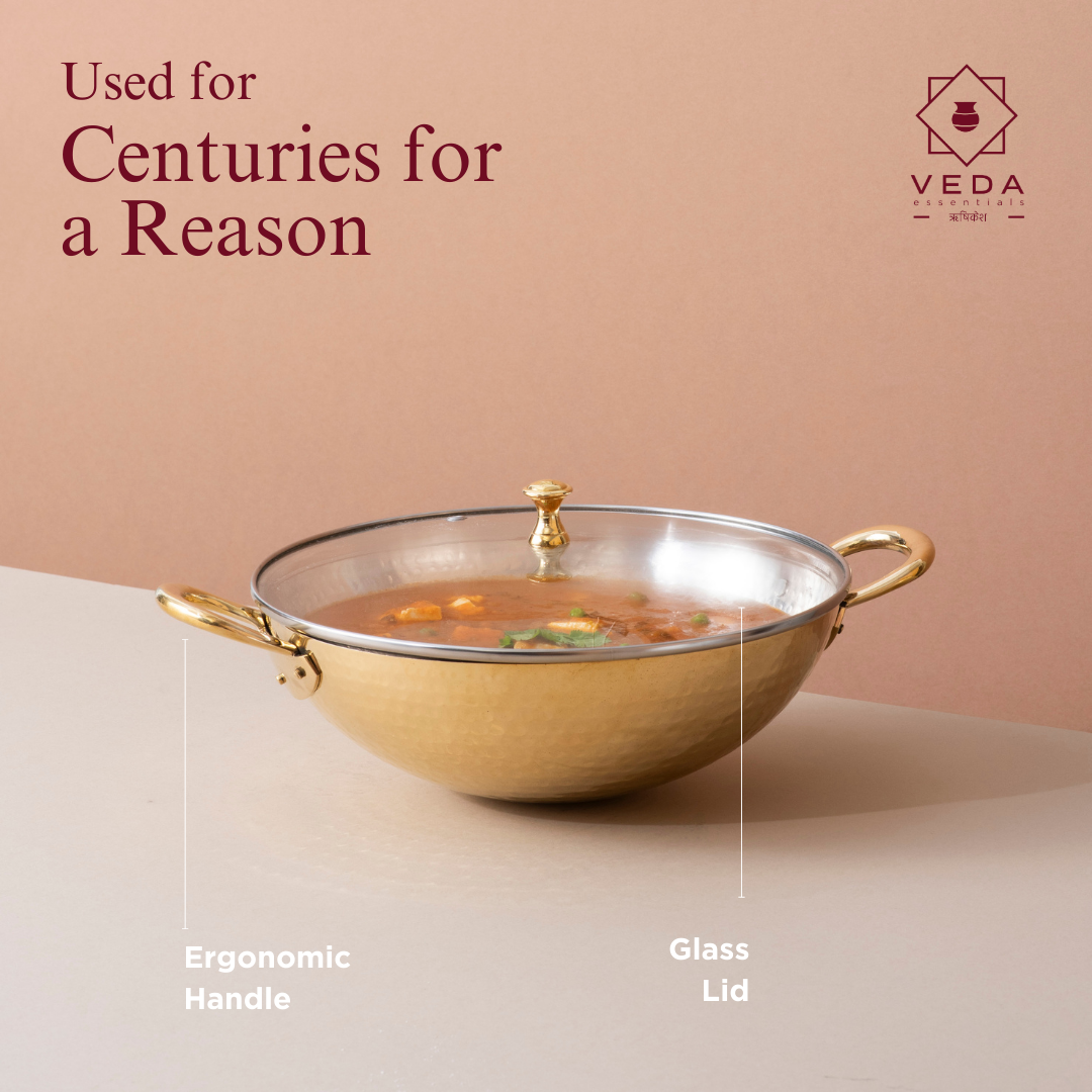 Traditional Brass Kadhai with Tin Coating and Glass Lid (Round Base)
