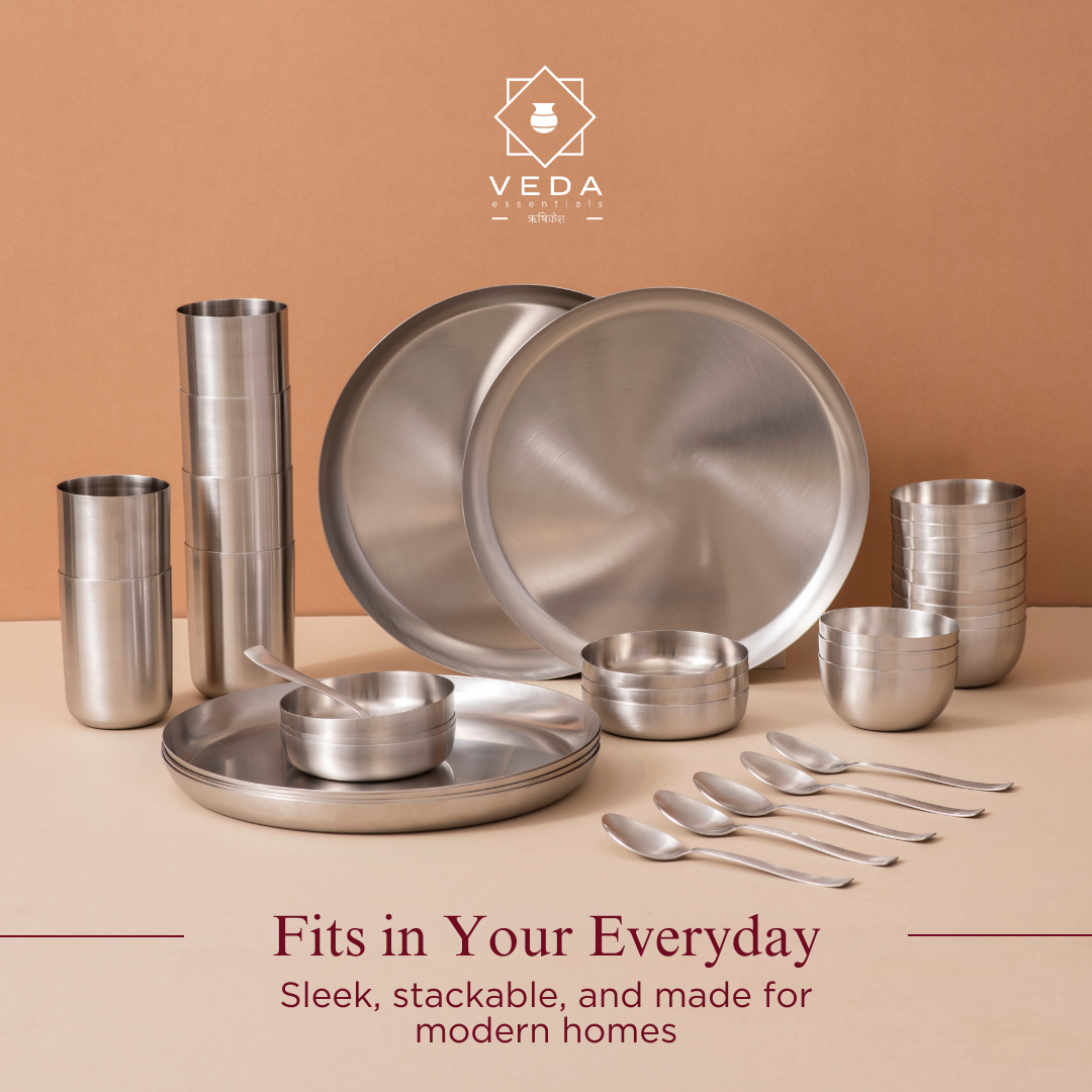 36-Piece Stainless Steel Solid Dinner Set • Matte Finish • Serves 6 (स्टील का डिनर सेट)