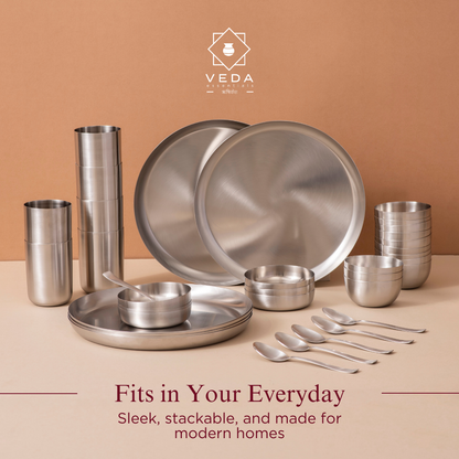 36-Piece Stainless Steel Solid Dinner Set • Matte Finish • Serves 6 (स्टील का डिनर सेट)