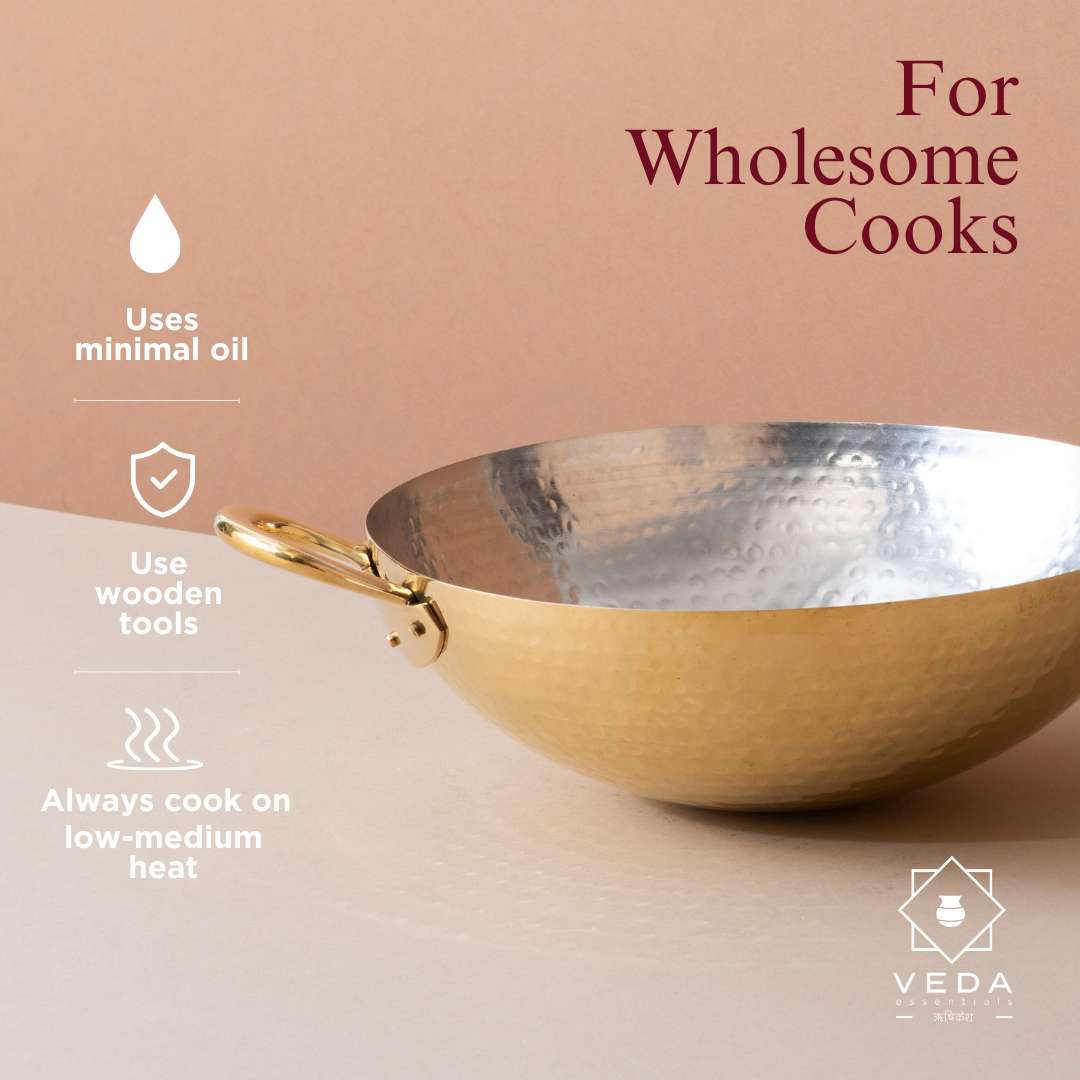 Traditional Brass Kadhai with Tin Coating and Glass Lid (Round Base)