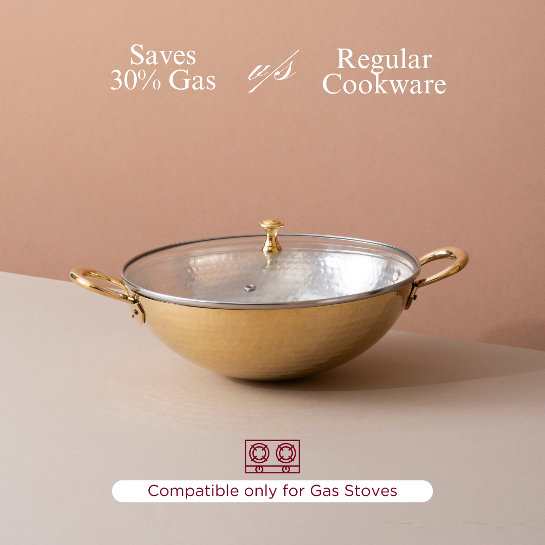 Traditional Brass Kadhai with Tin Coating and Glass Lid (Round Base)