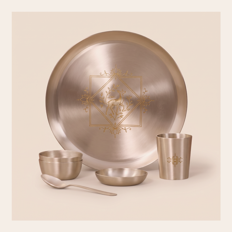 Kansa Dinner Set • 5 Designs • Serves 1 or 6 • Matte Finish • Thali Size - 11.5" • 100% Lead Free (कांसे का डिनर सेट)
