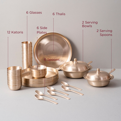 40-Piece Kansa Dinner Set • Antique Matte Finish • Serves 6 • 100% Lead Free (कांसे का डिनर सेट)