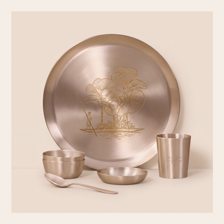 Kansa Dinner Set • 5 Designs • Serves 1 or 6 • Matte Finish • Thali Size - 11.5" • 100% Lead Free (कांसे का डिनर सेट)