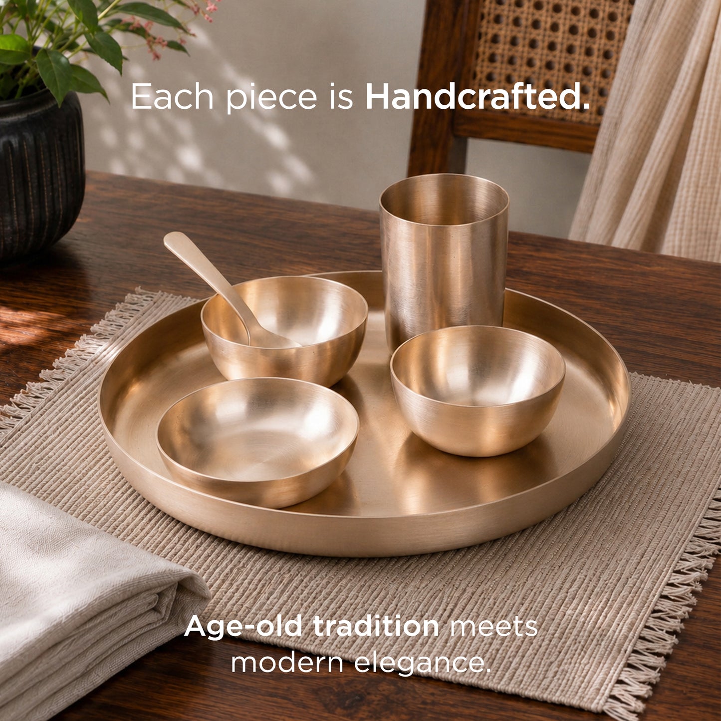36-Piece Kansa Dinner Set • Serves 6 • Antique Matte Finish • 100% Lead Free (कांसे का डिनर सेट) | Total Weight: ~9 kg