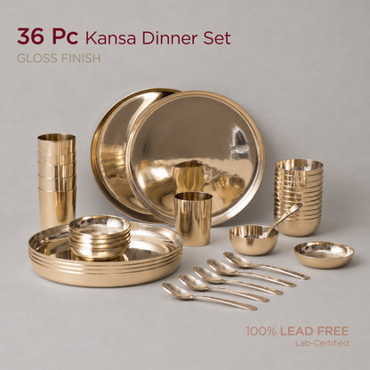 36-Piece Kansa Solid Dinner Set • Gloss Finish • Serves 6 • 100% Lead Free (कांसे का डिनर सेट)