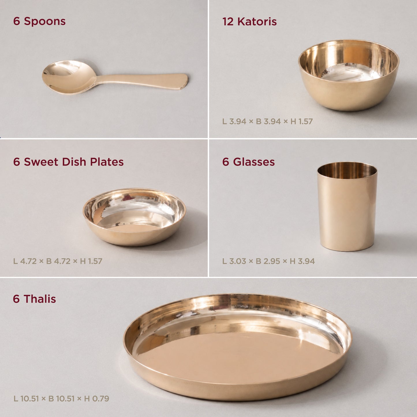 36-Piece Kansa Solid Dinner Set • Gloss Finish • Serves 6 • 100% Lead Free (कांसे का डिनर सेट)