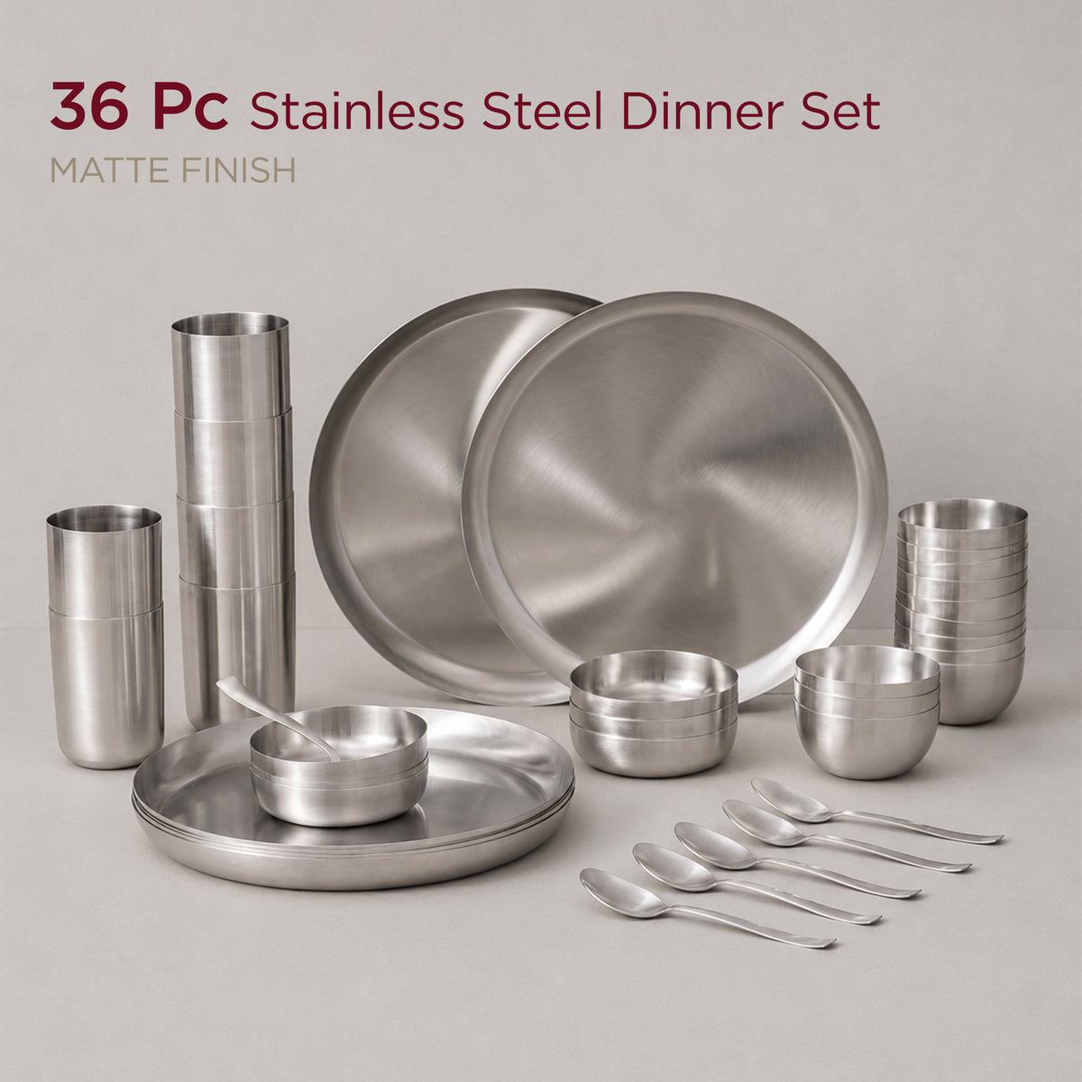 Stainless Steel Solid Dinner Set • Matte Finish (स्टील का डिनर सेट)
