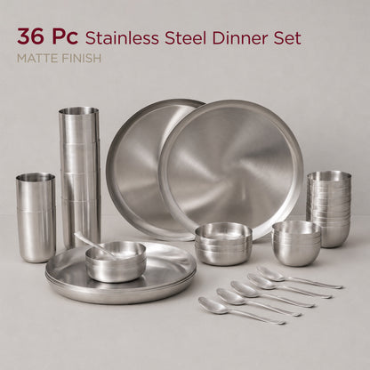 36-Piece Stainless Steel Solid Dinner Set • Matte Finish • Serves 6 (स्टील का डिनर सेट)