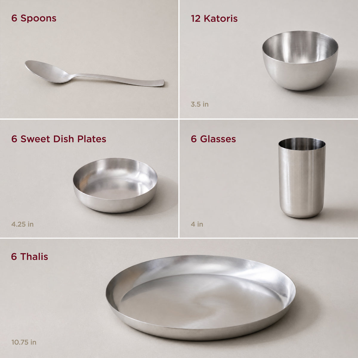 Stainless Steel Solid Dinner Set • Matte Finish (स्टील का डिनर सेट)