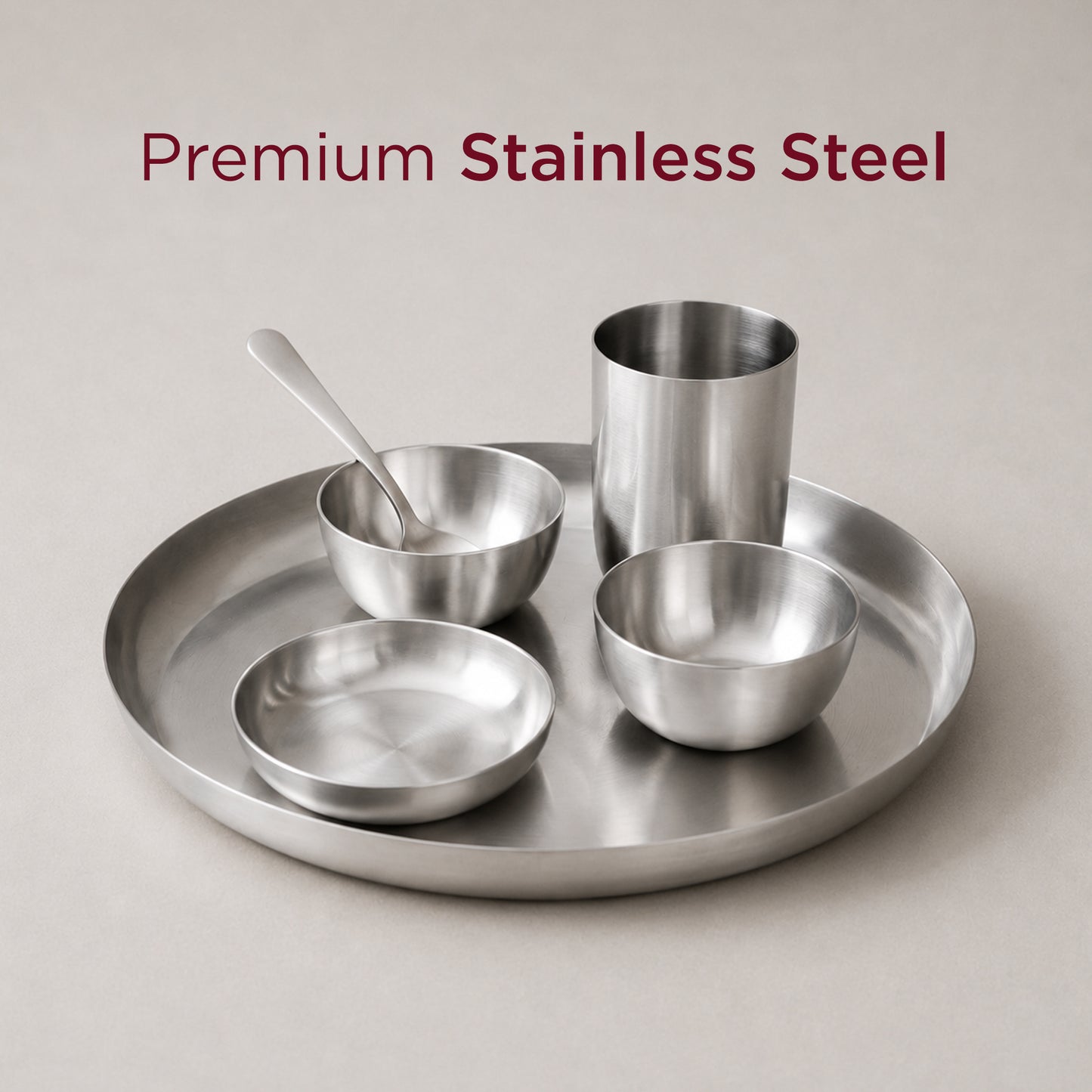 36-Piece Stainless Steel Solid Dinner Set • Matte Finish • Serves 6 (स्टील का डिनर सेट)