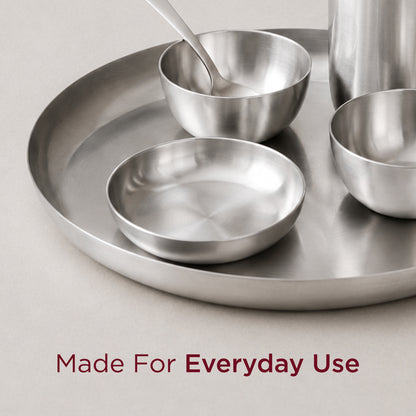 36-Piece Stainless Steel Solid Dinner Set • Matte Finish • Serves 6 (स्टील का डिनर सेट)