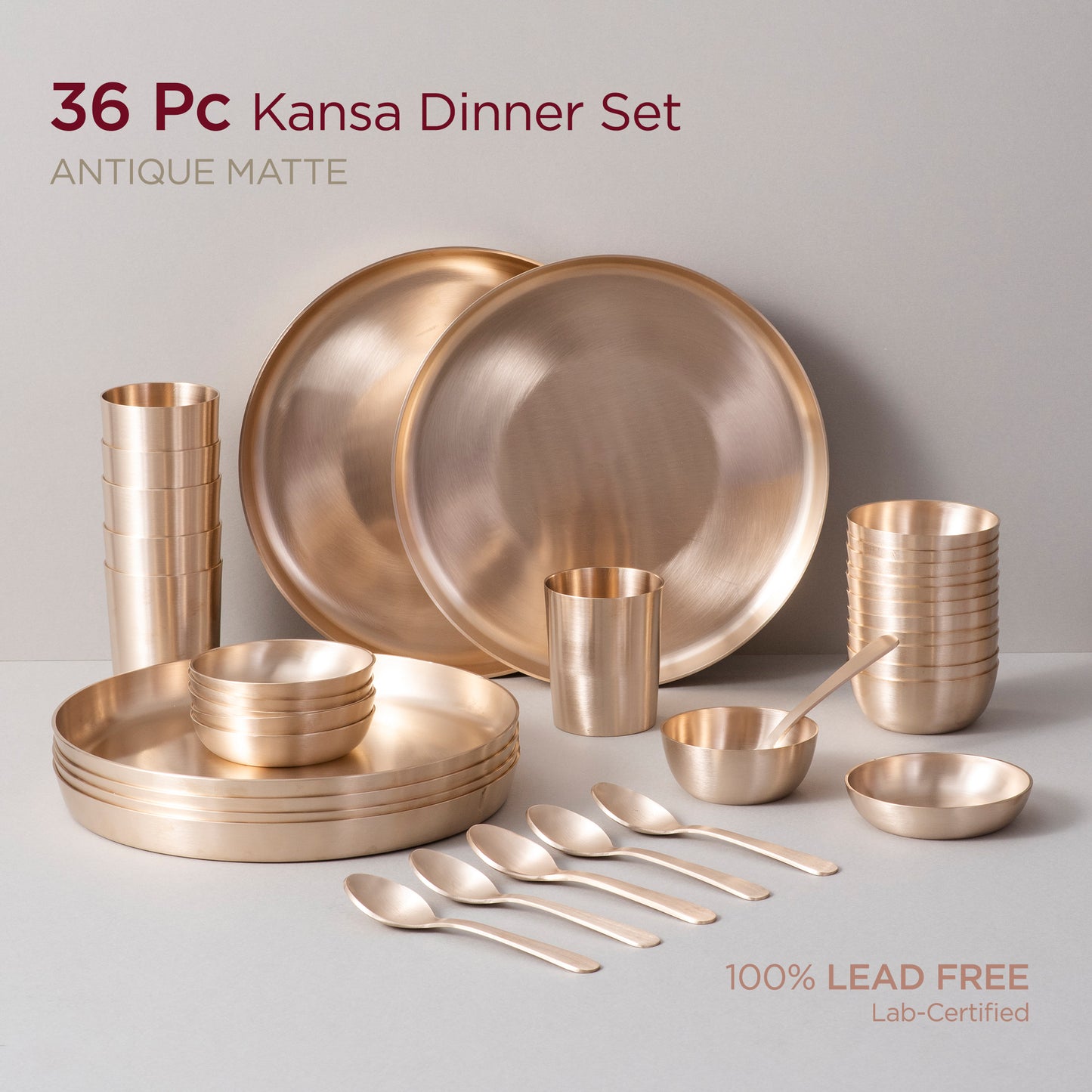 36-Piece Kansa Dinner Set • Serves 6 • Thali Size - 11.5" • Antique Matte Finish • 100% Lead Free (कांसे का डिनर सेट) | Total Weight: ~10 kg