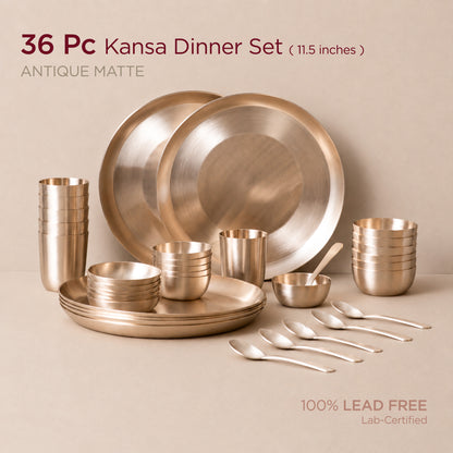 36-Piece Kansa Dinner Set • Serves 6 • Thali Size - 11.5" • Antique Matte Finish • 100% Lead Free (कांसे का डिनर सेट) | Total Weight: ~10 kg