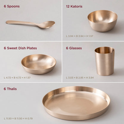 36-Piece Kansa Dinner Set • Serves 6 • Thali Size - 11.5" • Antique Matte Finish • 100% Lead Free (कांसे का डिनर सेट) | Total Weight: ~10 kg