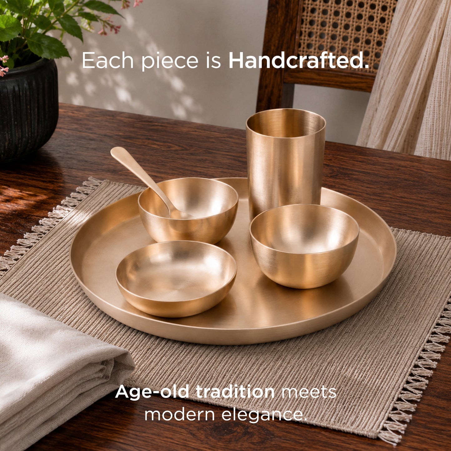 36-Piece Kansa Dinner Set • Serves 6 • Thali Size - 11.5" • Antique Matte Finish • 100% Lead Free (कांसे का डिनर सेट) | Total Weight: ~10 kg