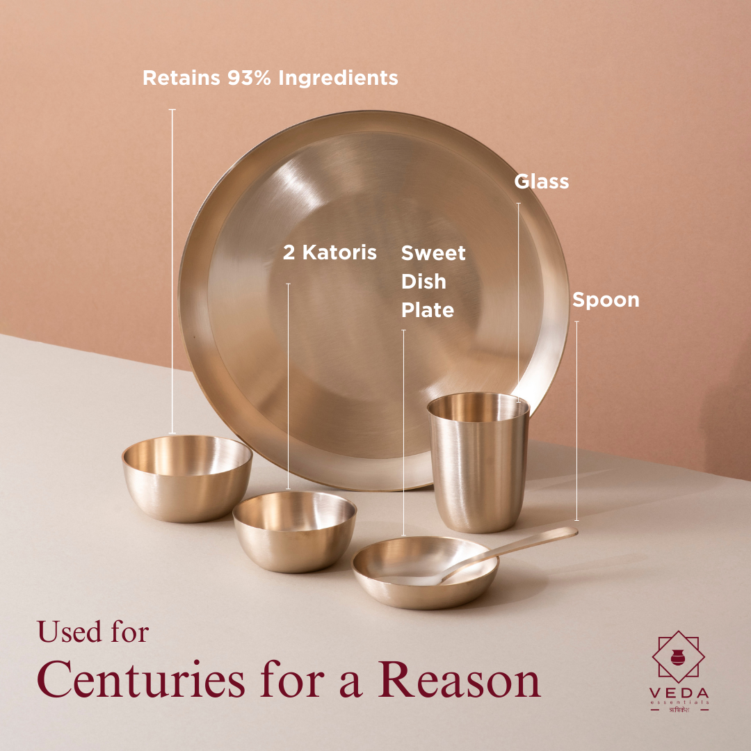 36-Piece Kansa Dinner Set • Serves 6 • 11.5″ Thali • Antique Matte Finish • 100% Lead Free (कांसे का डिनर सेट)