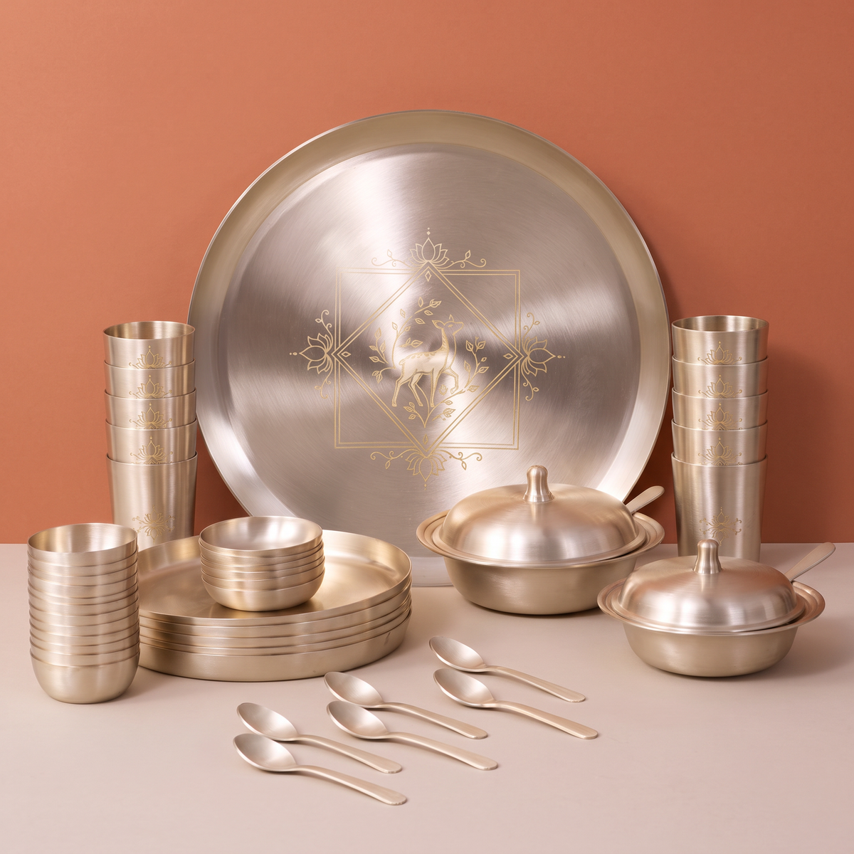 Deer Motif 40-piece kansa dinner set with serving bowls