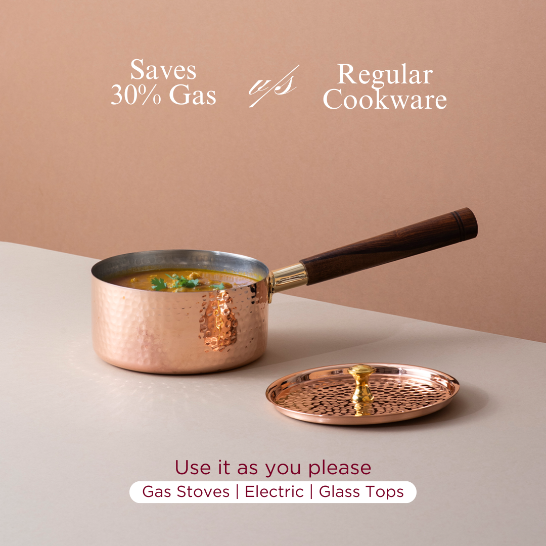 Traditional Copper Sauce Pan with Tin Coating, Lid & Insulated Handle (तांबा का सॉस पैन)
