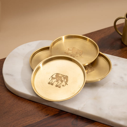 Handcrafted Brass Coasters Set with Elephant Motif (Set of 4)