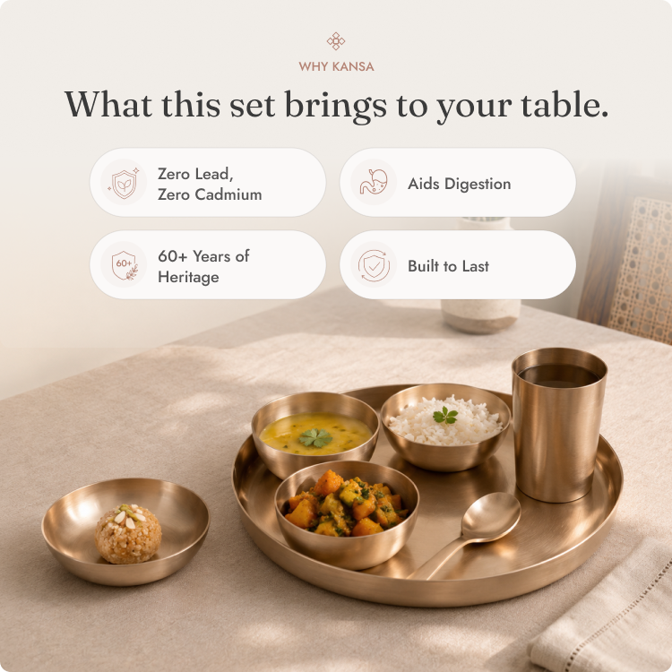 Kansa Dinner Set • 5 Designs • Serves 1 or 6 • Matte Finish • Thali Size - 11.5" • 100% Lead Free (कांसे का डिनर सेट)