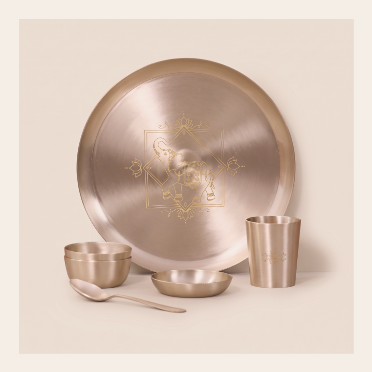 Kansa Dinner Set • 5 Designs • Serves 1 or 6 • Matte Finish • Thali Size - 11.5" • 100% Lead Free (कांसे का डिनर सेट)