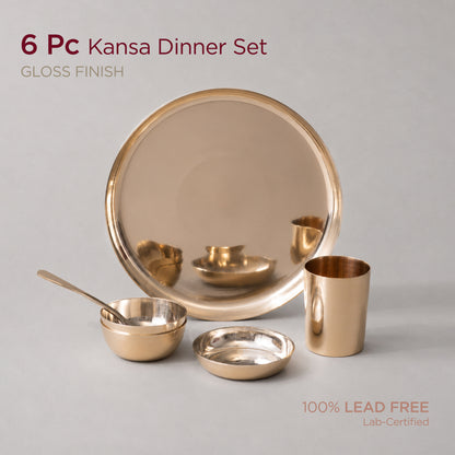 6-Piece Pure & Authentic Kansa Dinner Set • Gloss Finish • Serves 1 • 100% Lead-Free (कांसे का डिनर सेट)