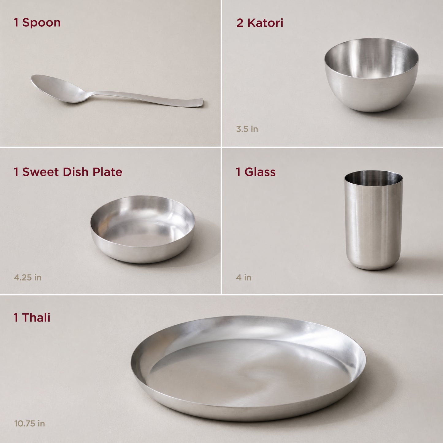 6-Piece Stainless Steel Solid Dinner Set • Matte Finish • Serves 1