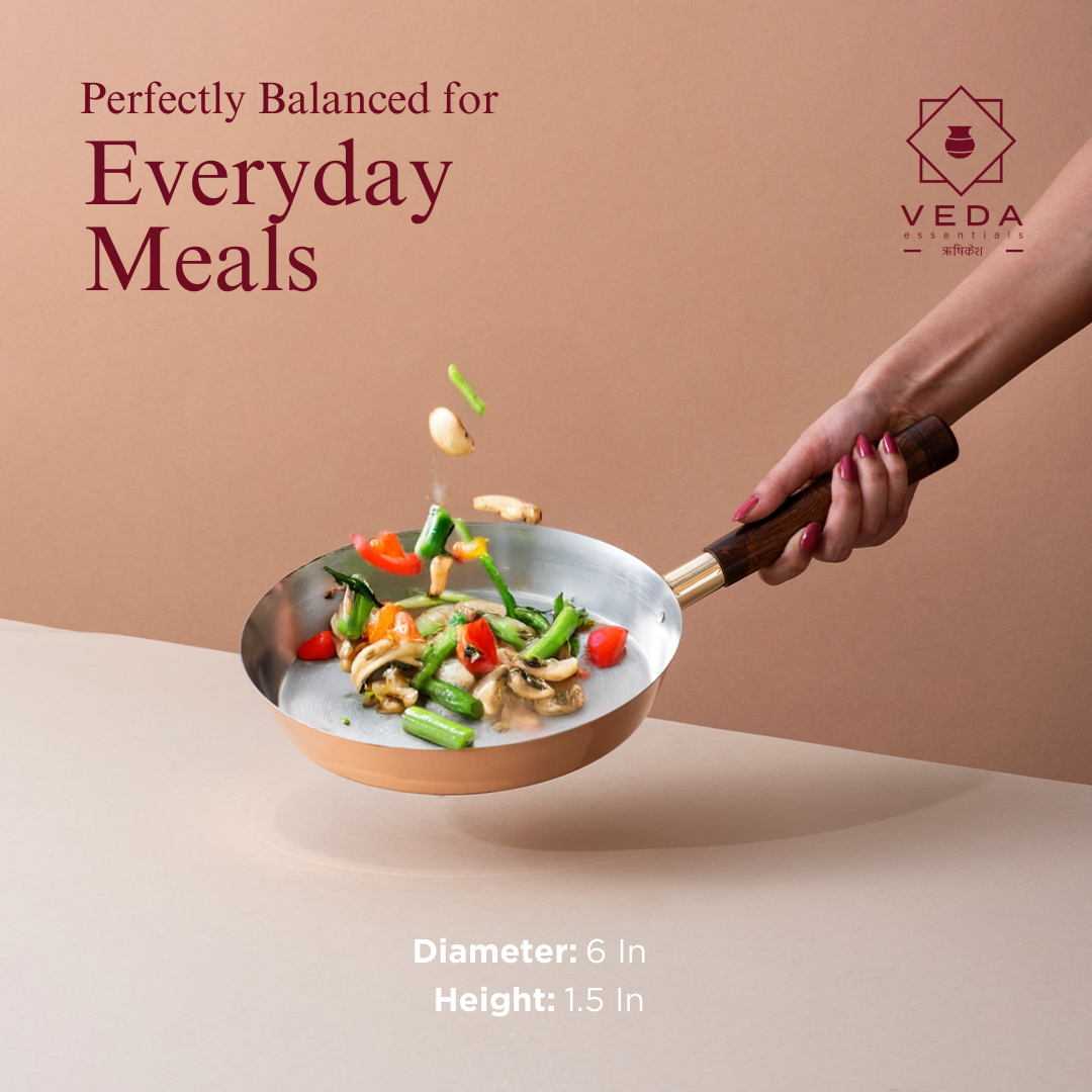 Traditional Copper Fry Pan with Tin Coating and Insulated Handle (तांबा का फ्राई पैन)