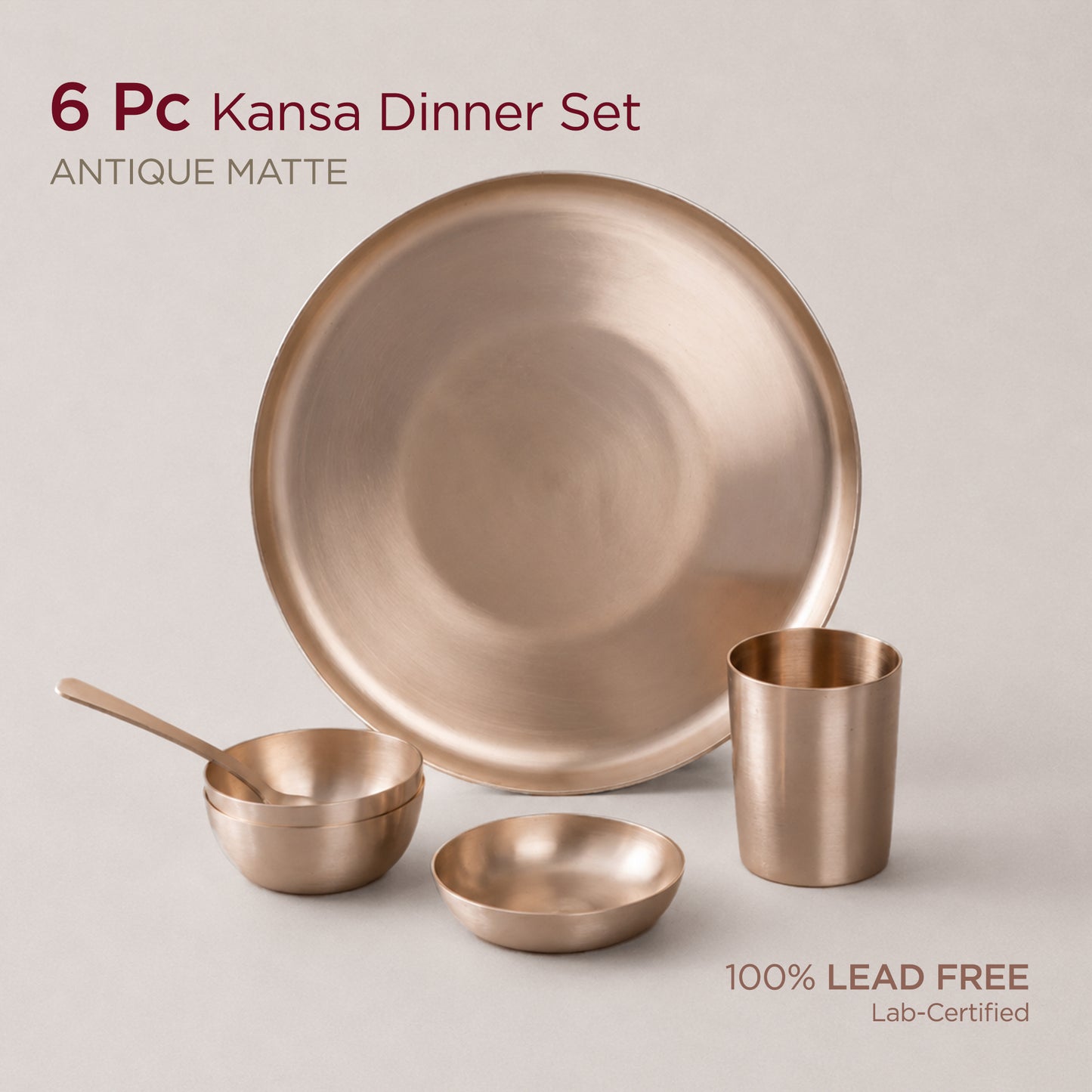 6-Piece Kansa Dinner Set • Matte Finish • Thali Size - 10.5" • 100% Lead-Free (कांसे का डिनर सेट)