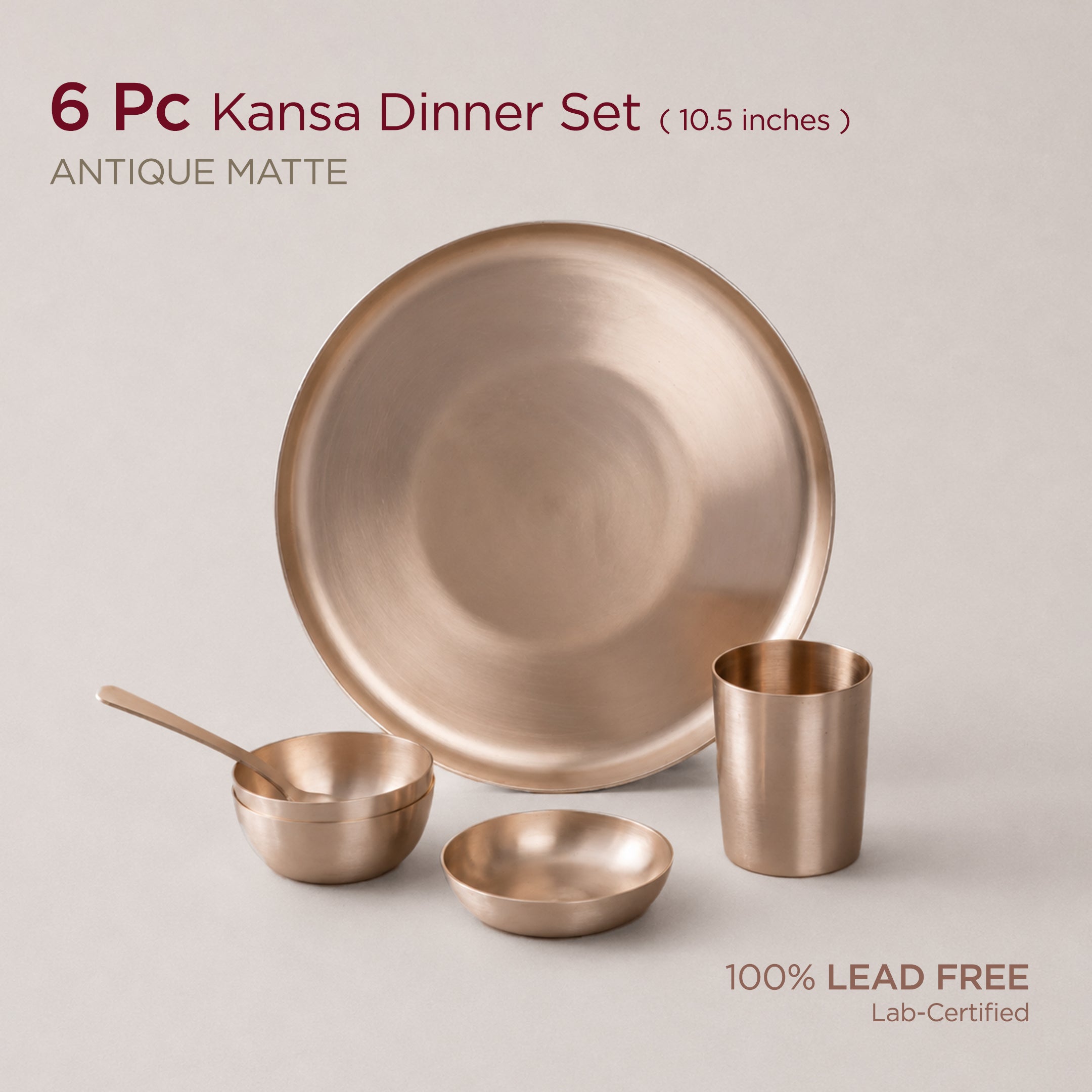 6-Piece Kansa Dinner Set • Matte Finish • Thali Size - 10.5" • 100% Lead-Free (कांसे का डिनर सेट)