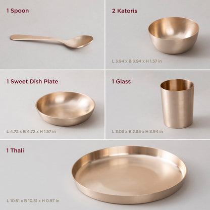 6-Piece Kansa Dinner Set • Matte Finish • Thali Size - 10.5" • 100% Lead-Free (कांसे का डिनर सेट)
