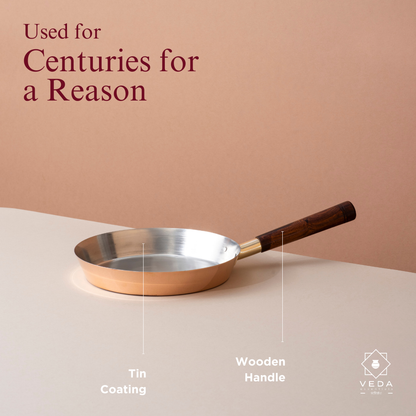 Traditional Copper Fry Pan with Tin Coating and Insulated Handle (तांबा का फ्राई पैन)