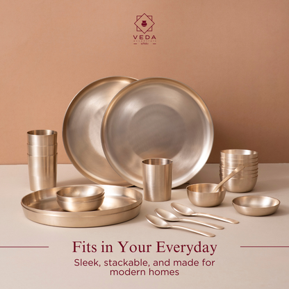 36-Piece Kansa Dinner Set • Serves 6 • Antique Matte Finish • 100% Lead Free (कांसे का डिनर सेट)